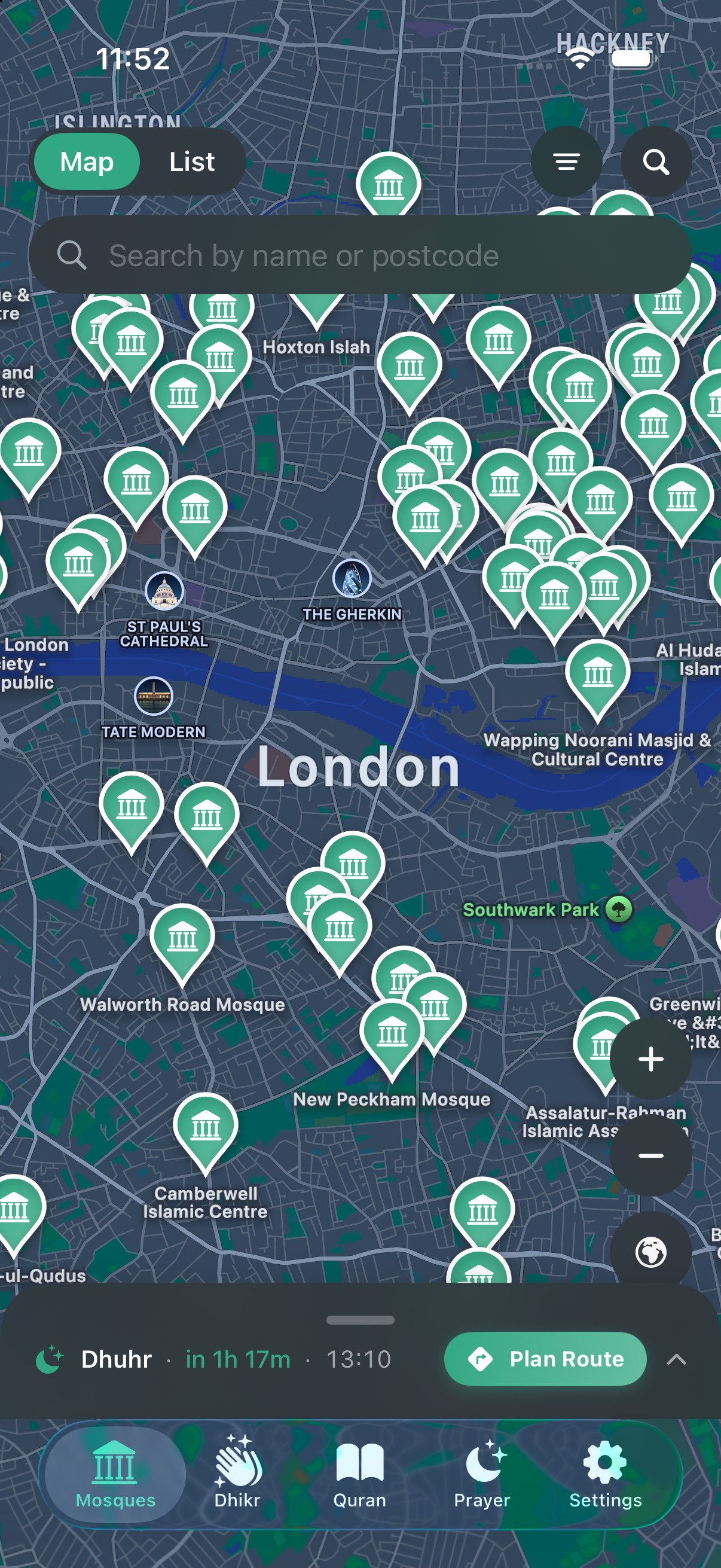 Deenly mosque map showing masjids across London with a Plan Route button