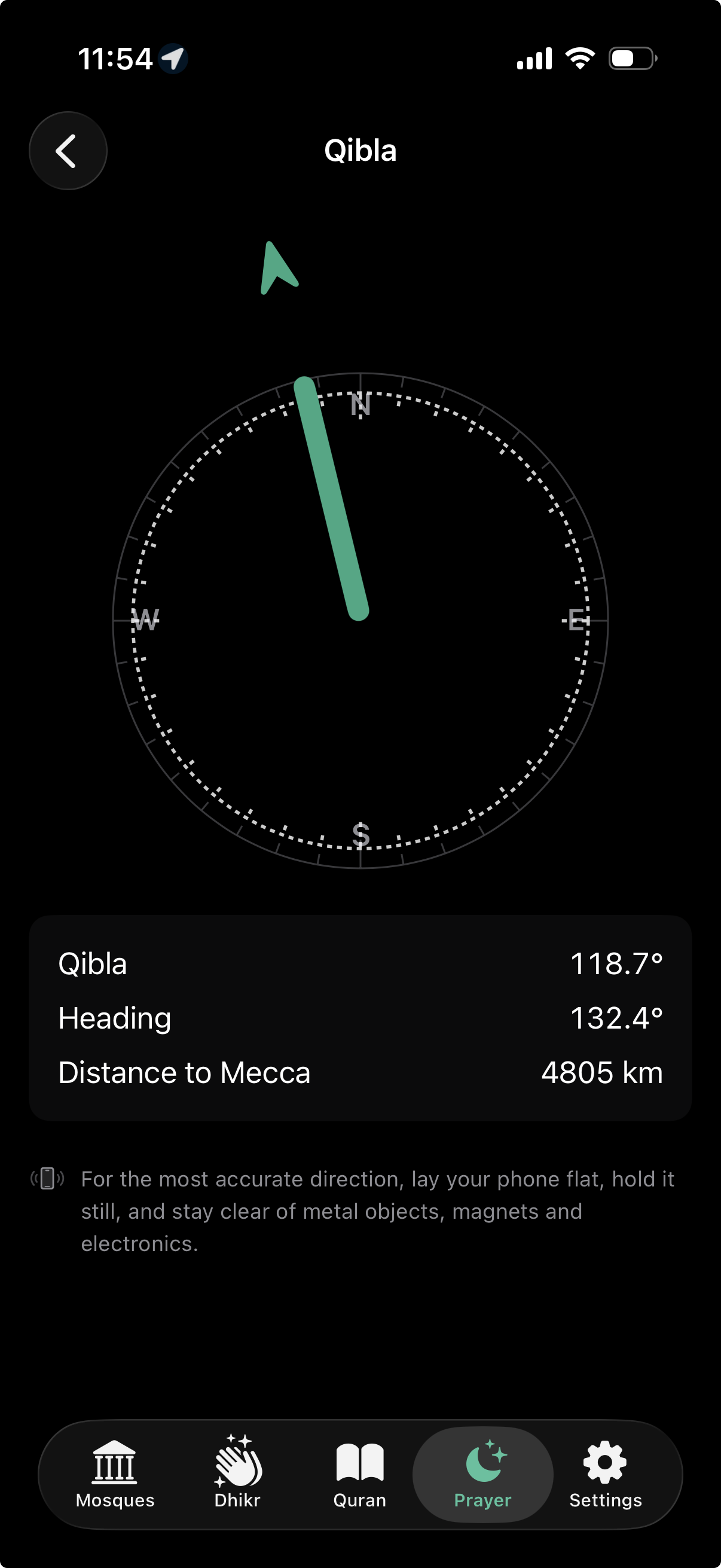 Qibla compass pointing towards Mecca with heading and distance